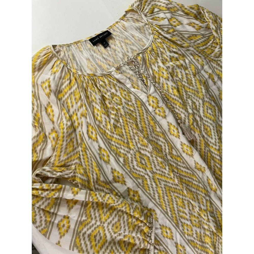 Lane Bryant Peasant Tunic Yellow Top Size 16 Rope Tie Front Gathered Sleeves - Picture 3 of 10